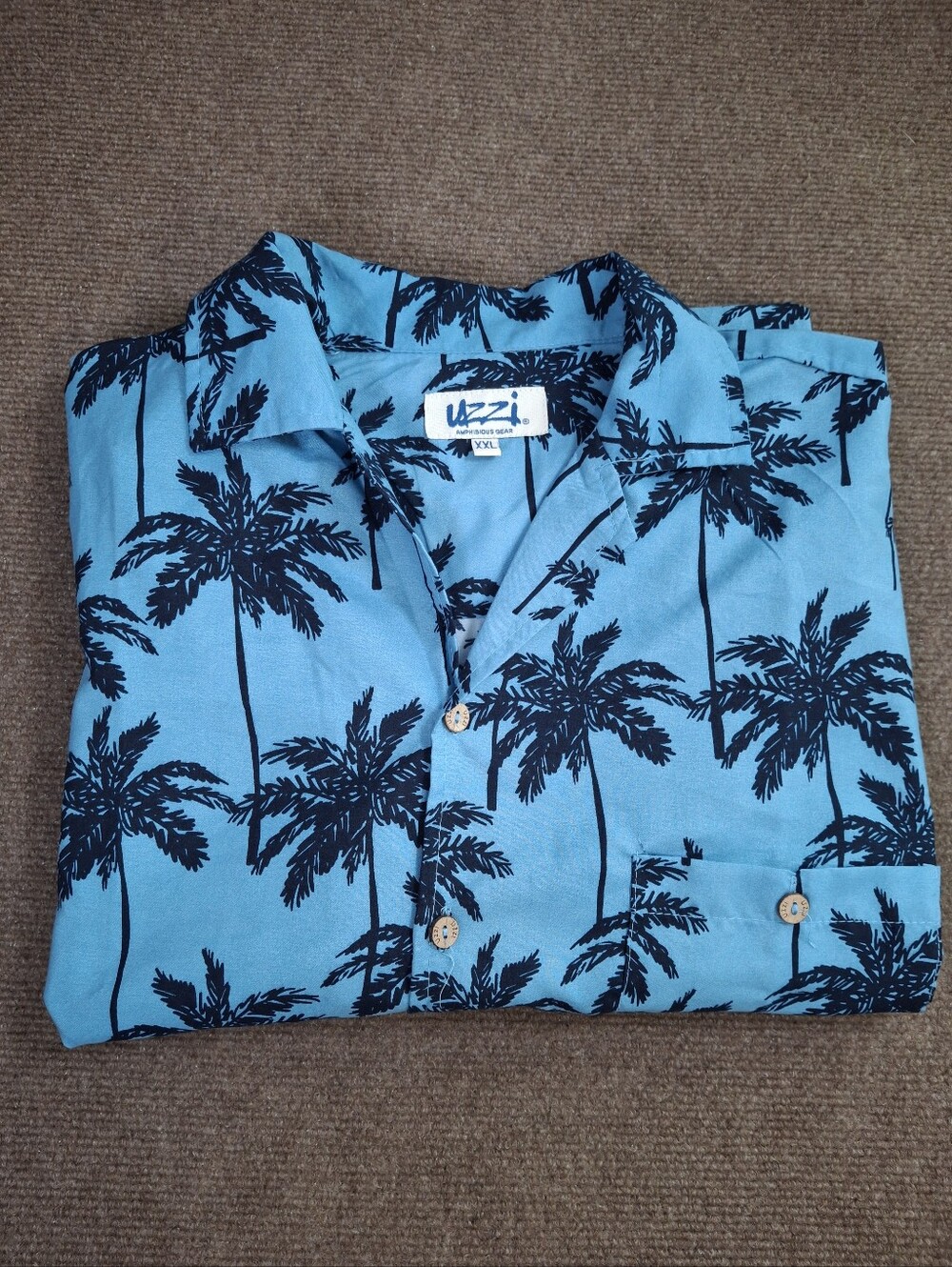 Uzzi Amphibious Gear Blue Short Sleeve Hawaiian Shirt Black Palm Print Size XXL